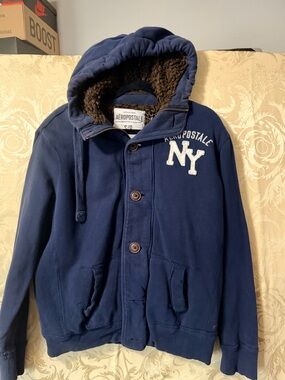 Aeropostale Navy Hooded Sherpa-Trim Jacket with NY Patch